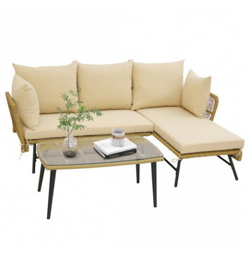 3 Pieces L-Shaped Patio Sofa with Cushions and Tempered Glass Table-Beige - Color: Beige