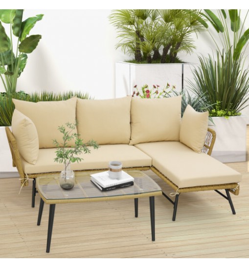 3 Pieces L-Shaped Patio Sofa with Cushions and Tempered Glass Table-Beige - Color: Beige