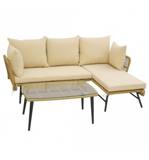 3 Pieces L-Shaped Patio Sofa with Cushions and Tempered Glass Table-Beige - Color: Beige