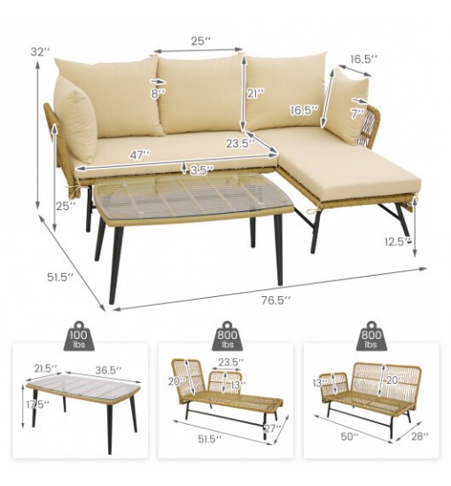 3 Pieces L-Shaped Patio Sofa with Cushions and Tempered Glass Table-Beige - Color: Beige