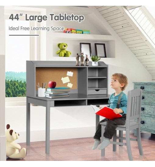 Kids Desk and Chair Set Study Writing Desk with Hutch and Bookshelves-Gray - Color: Gray