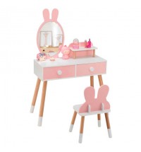Kids Vanity Table and Chair Set with Drawer Shelf and Rabbit Mirror-Pink - Color: Pink