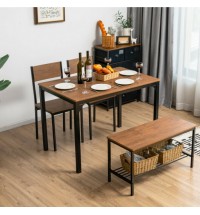 4 Pieces Rustic Dining Table Set with 2 Chairs and Bench-Brown - Color: Brown