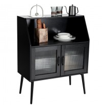 Kitchen Sideboard Buffet with Open Cubby and 2 Glass Doors-Black - Color: Black