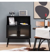 Kitchen Sideboard Buffet with Open Cubby and 2 Glass Doors-Black - Color: Black