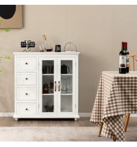Buffet Sideboard Table Kitchen Storage Cabinet with Drawers and Doors-White - Color: White