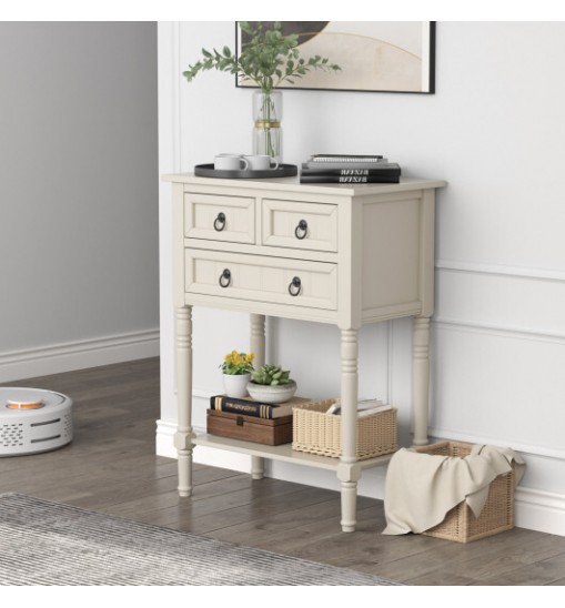 Narrow Console Table with 3 Storage Drawers and Open Bottom Shelf-Beige - Color: Beige