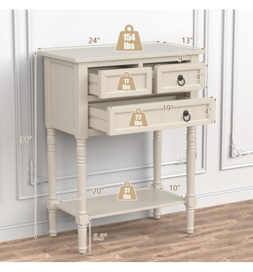 Narrow Console Table with 3 Storage Drawers and Open Bottom Shelf-Beige - Color: Beige