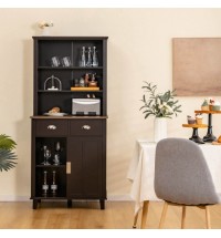 67 inches Freestanding Kitchen Pantry Cabinet with Sliding Doors-Brown - Color: Brown