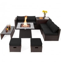 9 Pieces Patio PE Wicker Sectional Set with 50000 BTU Fire Pit Table-Black - Color: Black