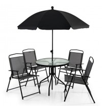 6 Pieces Patio Dining Set Folding Chairs Glass Table Tilt Umbrella for Garden-Gray - Color: Gray