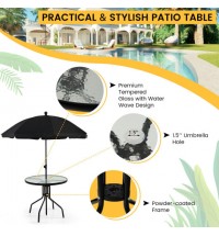 6 Pieces Patio Dining Set Folding Chairs Glass Table Tilt Umbrella for Garden-Gray - Color: Gray