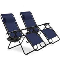 2 Pieces Folding Lounge Chair with Zero Gravity-Navy - Color: Navy