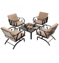 5 Pieces Patio Rocking Chairs and 4-in-1 Fire Pit Table with Fire Poker - Color: Brown