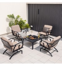 5 Pieces Patio Rocking Chairs and 4-in-1 Fire Pit Table with Fire Poker - Color: Brown