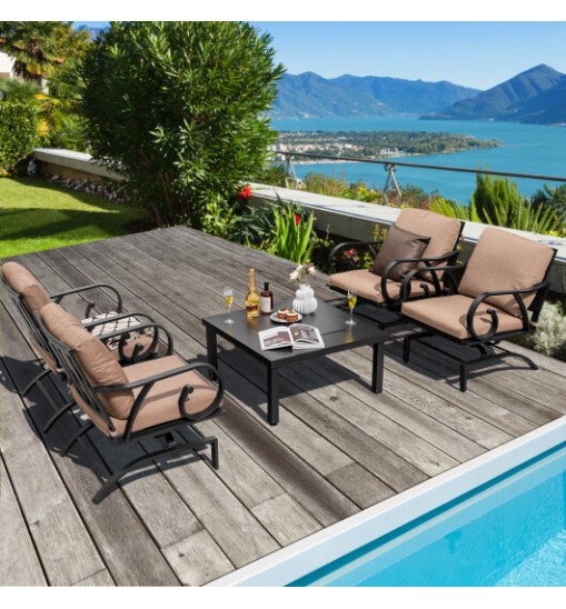 5 Pieces Patio Rocking Chairs and 4-in-1 Fire Pit Table with Fire Poker - Color: Brown