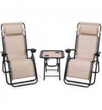 3 Pieces Folding Portable Zero Gravity Reclining Lounge Chairs Table Set-Beige - Color: Beige