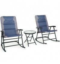 3 Pcs Outdoor Folding Rocking Chair Table Set with Cushion-Blue - Color: Blue