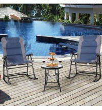 3 Pcs Outdoor Folding Rocking Chair Table Set with Cushion-Blue - Color: Blue