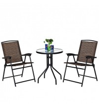 3 Pieces Bistro Patio Garden Furniture Set of Round Table and Folding Chairs - Color: Brown