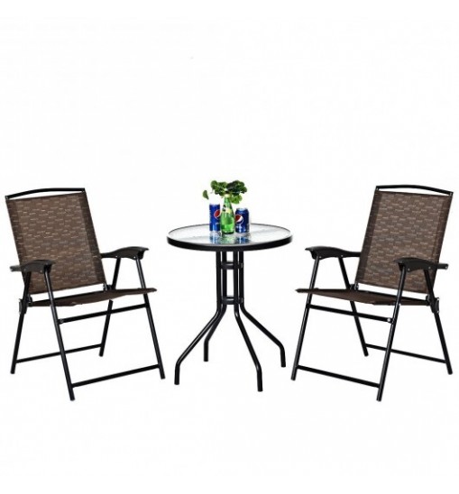 3 Pieces Bistro Patio Garden Furniture Set of Round Table and Folding Chairs - Color: Brown