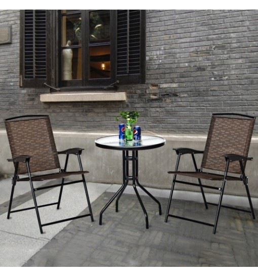 3 Pieces Bistro Patio Garden Furniture Set of Round Table and Folding Chairs - Color: Brown