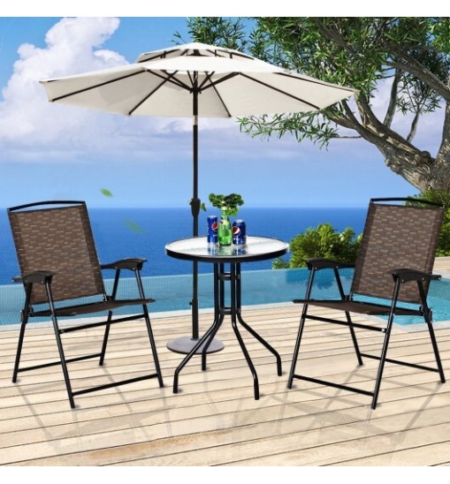 3 Pieces Bistro Patio Garden Furniture Set of Round Table and Folding Chairs - Color: Brown