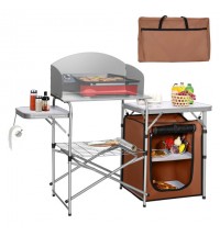 Foldable Outdoor BBQ Portable Grilling Table With Windscreen Bag - Color: Brown