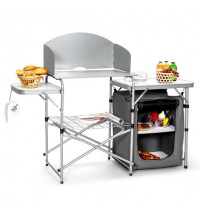 Foldable Outdoor BBQ Portable Grilling Table With Windscreen Bag-Gray - Color: Gray