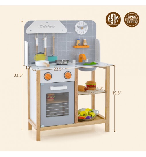 Wooden Toddler Pretend Kitchen Set with Cookware Accessories for Boys and Girls-Grey - Color: Gray