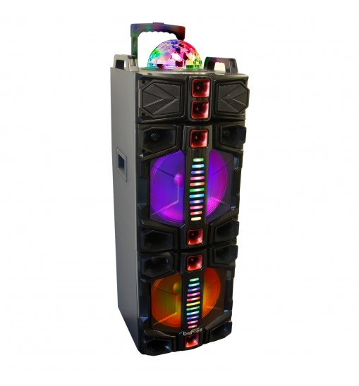 beFree Sound Dual 12 Inch Subwoofer Portable Bluetooth Party Speaker with LED Lights, USB/ SD Input, Rechargeable Battery, Remote Control and Wireless Microphone