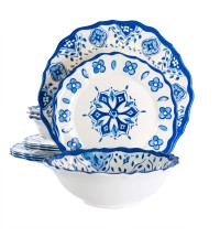 Elama Blue Garden 12 Piece Scalloped Lightweight Melamine Dinnerware Set in Blue