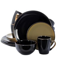 Elama Cambridge Grand 16-Piece Dinnerware Set in Luxurious Black and Warm Taupe with Complete Setting for 4