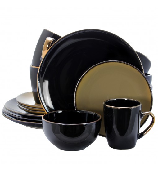 Elama Cambridge Grand 16-Piece Dinnerware Set in Luxurious Black and Warm Taupe with Complete Setting for 4