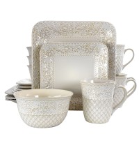 Elama Ivory Lotus 16 Piece Square Dinnerware Set