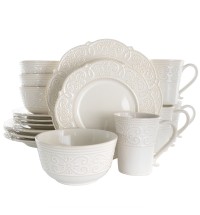 Elama Luna 16 Piece Embossed Scalloped Stoneware Dinnerware Set in White