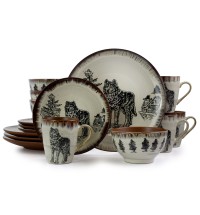 Elama Majestic Wolf 16 Piece Luxurious Stoneware Dinnerware with Complete Setting for 4