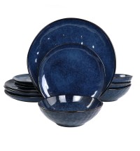 Elama Samara 12 Piece Stoneware Dinnerware Set in Blue