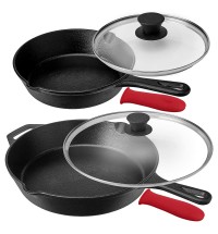 MegaChef Pre-Seasoned 6 Piece Cast Iron Skillet Set with Lids and Red Silicone Holders