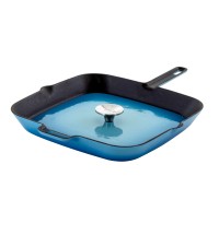 MegaChef 11 Inch Square Enamel Cast Iron Grill Pan with Matching Grill Press in Blue with Press