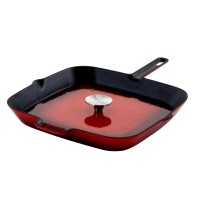 MegaChef 11 Inch Square Enamel Cast Iron Grill Pan with Matching Grill Press in Red with Press