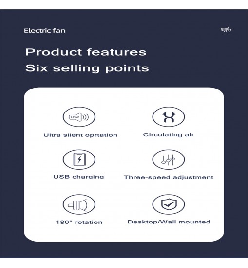 Household Table Air Circulation Electric Fan 180 Degrees Usb Rechargeable 2400mah Battery Wall Mounted Cooling Fann White