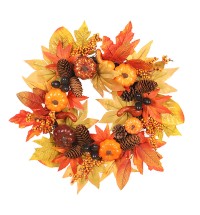 18 Inch Fall Wreath Artificial Pumpkins Maple Leaves Pine Cone Autumn Harvest Wreath Outdoor Halloween Thanksgiving Decorations Wreath