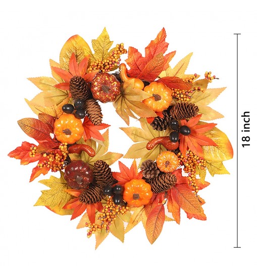 18 Inch Fall Wreath Artificial Pumpkins Maple Leaves Pine Cone Autumn Harvest Wreath Outdoor Halloween Thanksgiving Decorations Wreath