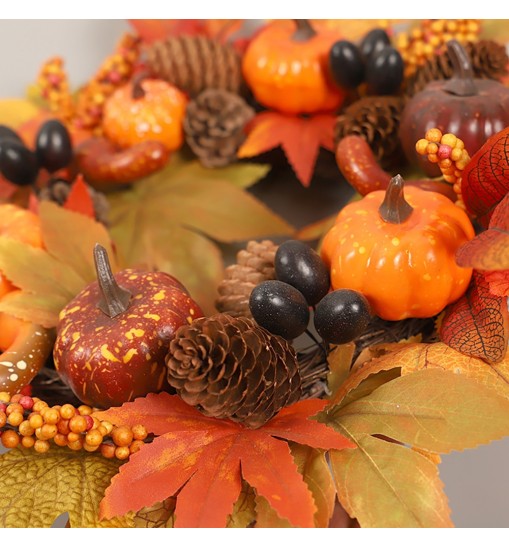 18 Inch Fall Wreath Artificial Pumpkins Maple Leaves Pine Cone Autumn Harvest Wreath Outdoor Halloween Thanksgiving Decorations Wreath