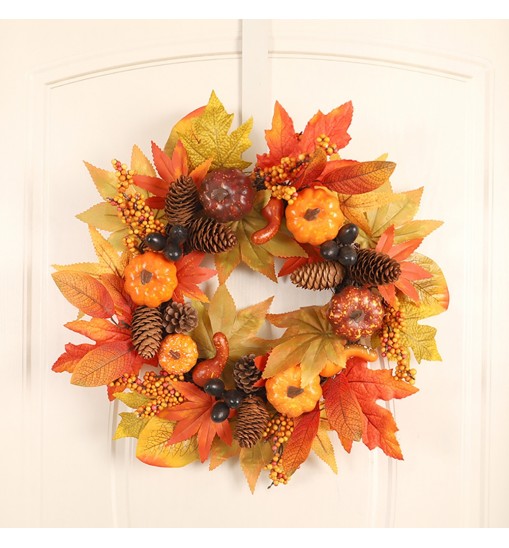 18 Inch Fall Wreath Artificial Pumpkins Maple Leaves Pine Cone Autumn Harvest Wreath Outdoor Halloween Thanksgiving Decorations Wreath