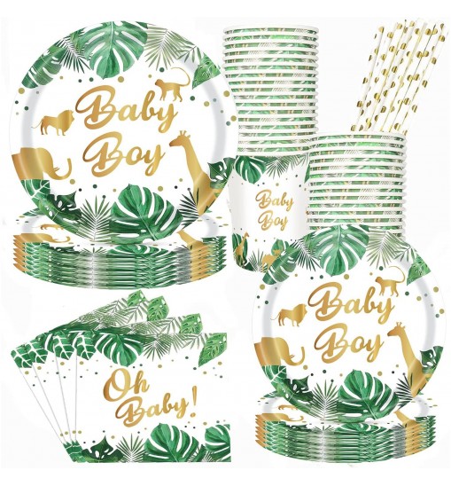 US 120pcs Jungle Animals Tableware Set Includes Plates Napkins Cups Straws Jungle Theme