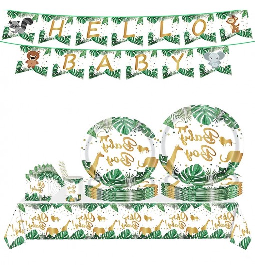 US 120pcs Jungle Animals Tableware Set Includes Plates Napkins Cups Straws Jungle Theme