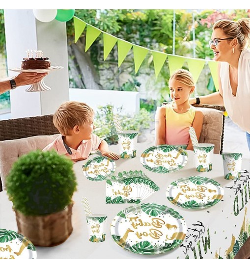 US 120pcs Jungle Animals Tableware Set Includes Plates Napkins Cups Straws Jungle Theme