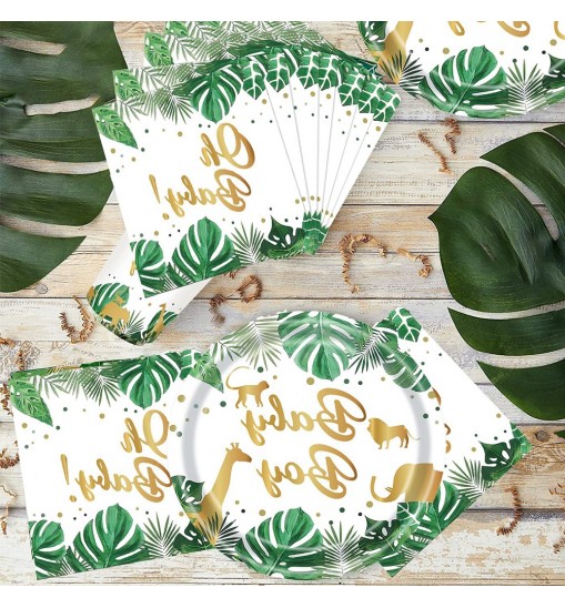 US 120pcs Jungle Animals Tableware Set Includes Plates Napkins Cups Straws Jungle Theme